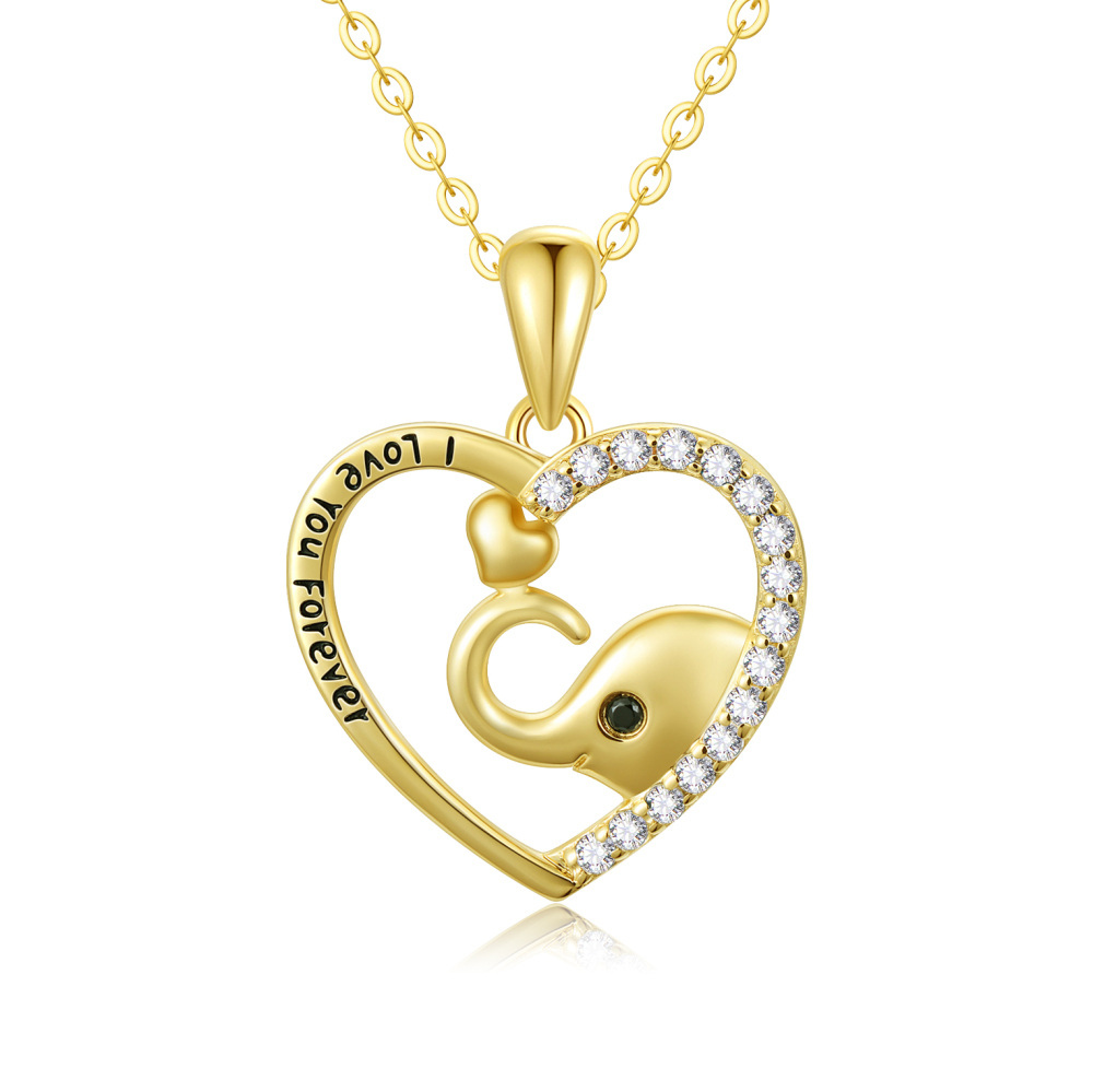 10K Gold Cubic Zirconia Elephant & Heart Pendant Necklace with Engraved Word-1