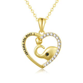 10K Gold Cubic Zirconia Elephant & Heart Pendant Necklace with Engraved Word-42