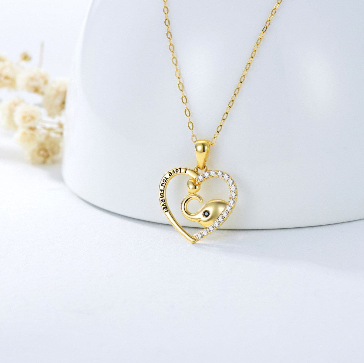 14K Gold Cubic Zirconia Elephant & Heart Pendant Necklace with Engraved Word-3