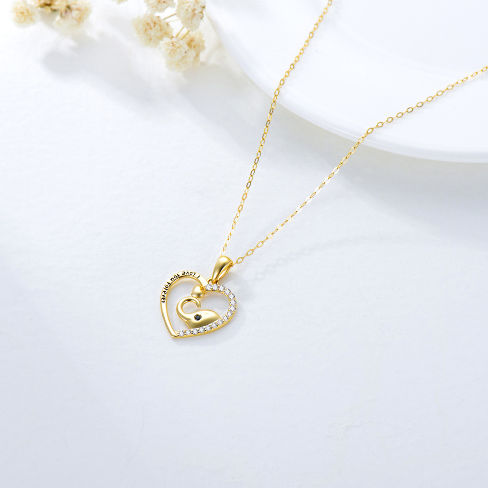 10K Gold Cubic Zirconia Elephant & Heart Pendant Necklace with Engraved Word-4