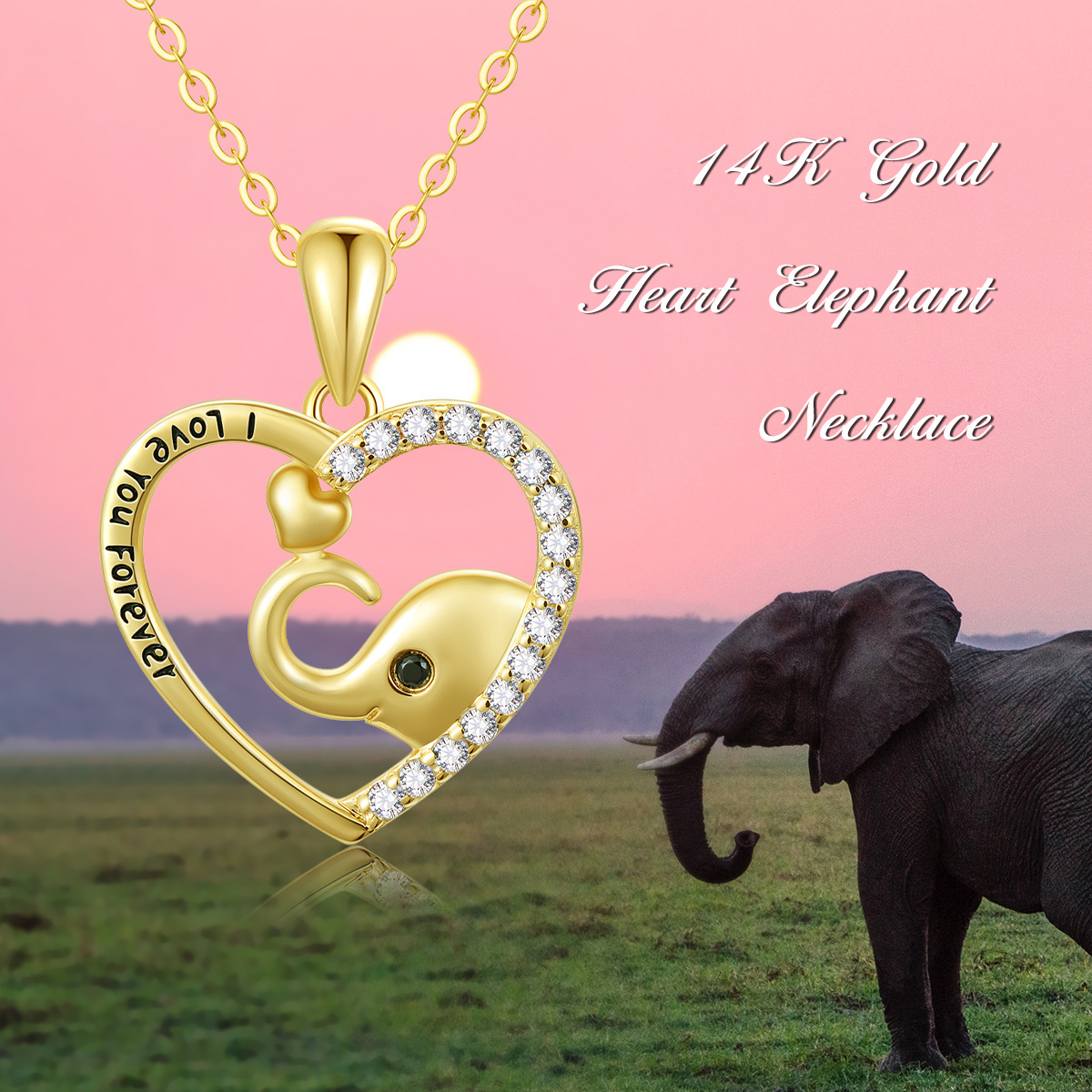 14K Gold Cubic Zirconia Elephant & Heart Pendant Necklace with Engraved Word-5