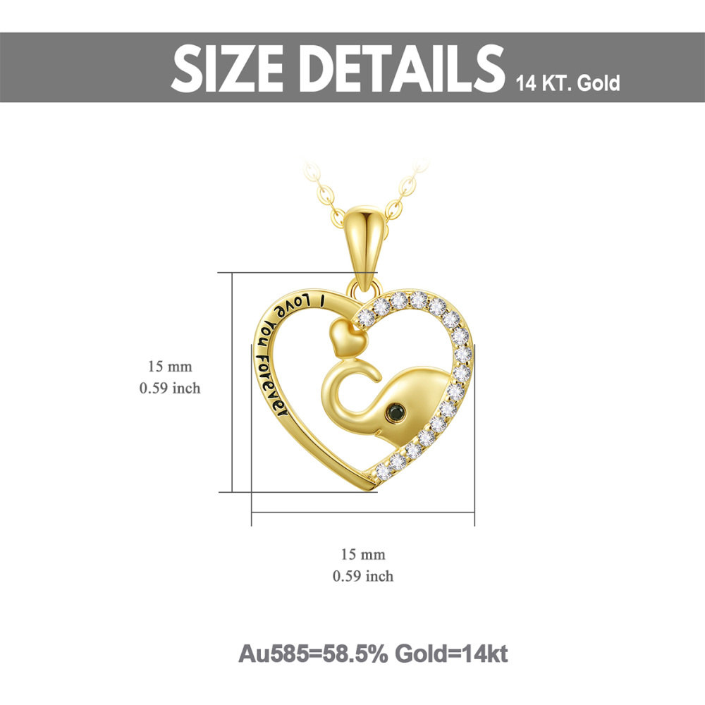 10K Gold Cubic Zirconia Elephant & Heart Pendant Necklace with Engraved Word-6