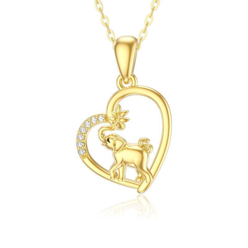 10K Gold Cubic Zirconia Elephant & Heart Pendant Necklace-1