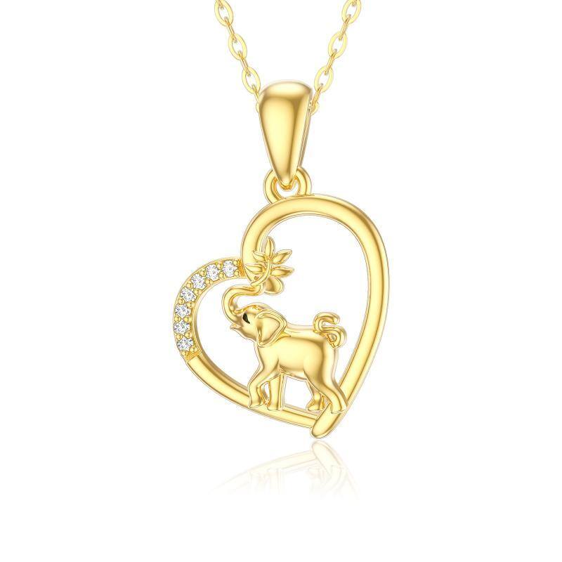 Collier pendentif éléphant et coeur en or 14K à zircon cubique-1