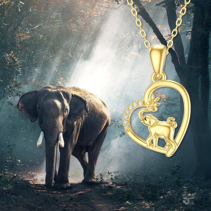 Collana con ciondolo a forma di elefante e cuore in oro 14K con zirconia cubica-5