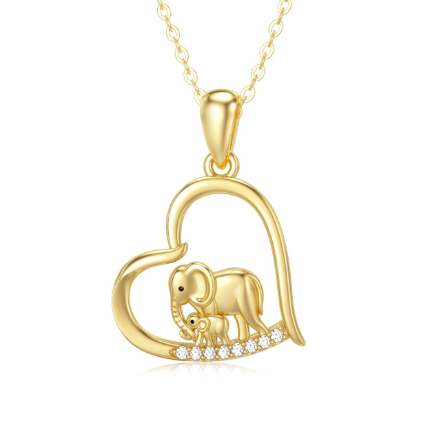 Collier en or 14K avec pendentif en forme de coeur de maman et de bébé en zircon cubique Elephant