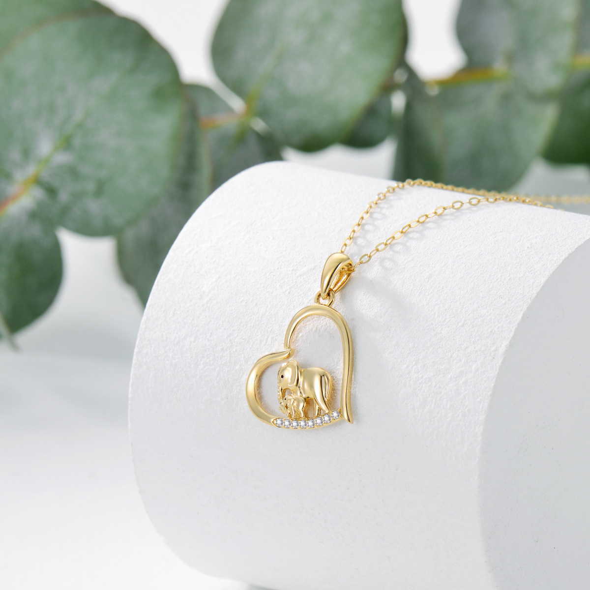 14K Gold Cubic Zirconia Elephant Mom & Baby Heart Pendant Necklace-3