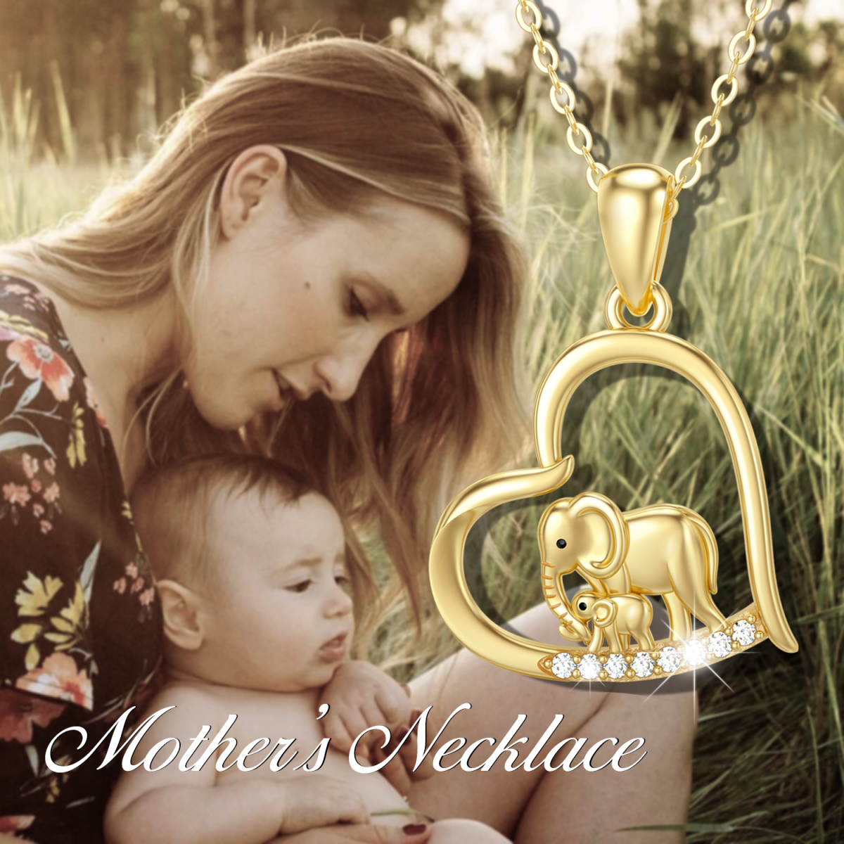 10K Gold Cubic Zirconia Elephant Mom & Baby Heart Pendant Necklace-5