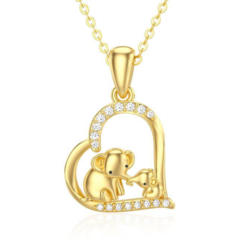 14K Gold Cubic Zirkonia Elefant & Eltern & Kinder & Herz-Anhänger Halskette-1