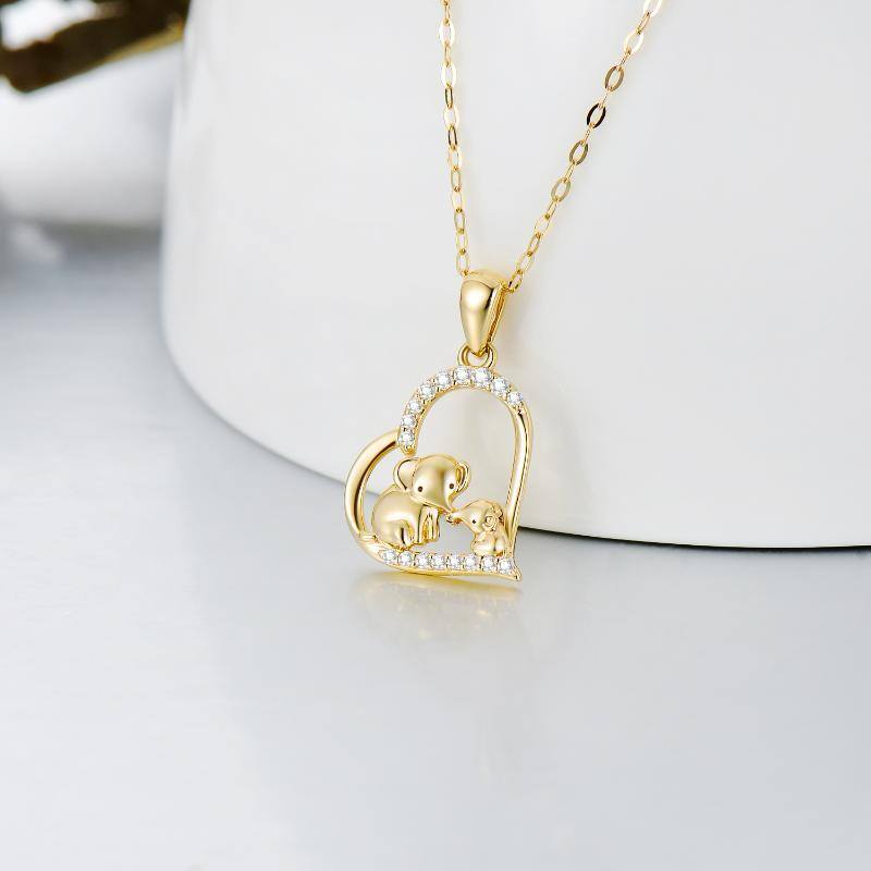 10K Gold Cubic Zirconia Elephant & Parents & Children & Heart Pendant Necklace-3