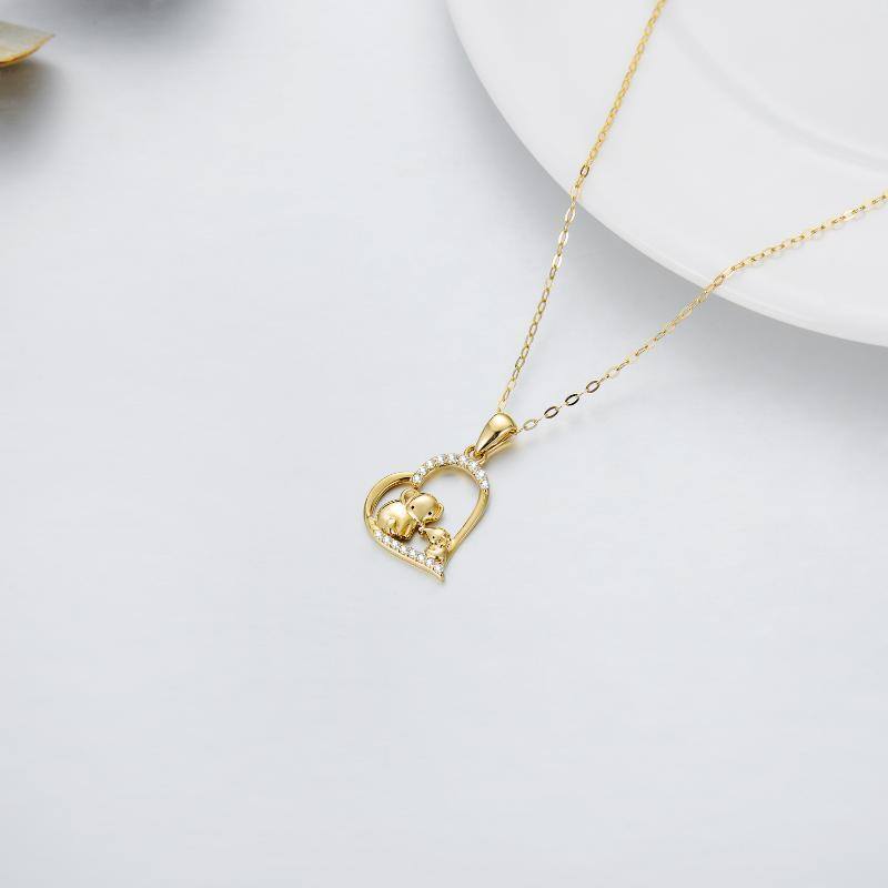 10K Gold Cubic Zirconia Elephant & Parents & Children & Heart Pendant Necklace-4
