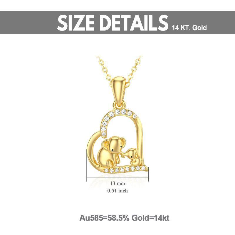 10K Gold Cubic Zirconia Elephant & Parents & Children & Heart Pendant Necklace-6