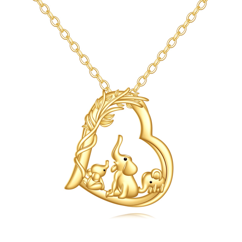 Collier pendentif éléphant et parents & enfants en or 14K avec zircons cubiques-1