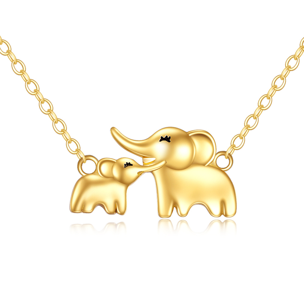 10K Solid Gold Elephant Mother & Daughter Necklace Jewelry Gift For Her-1