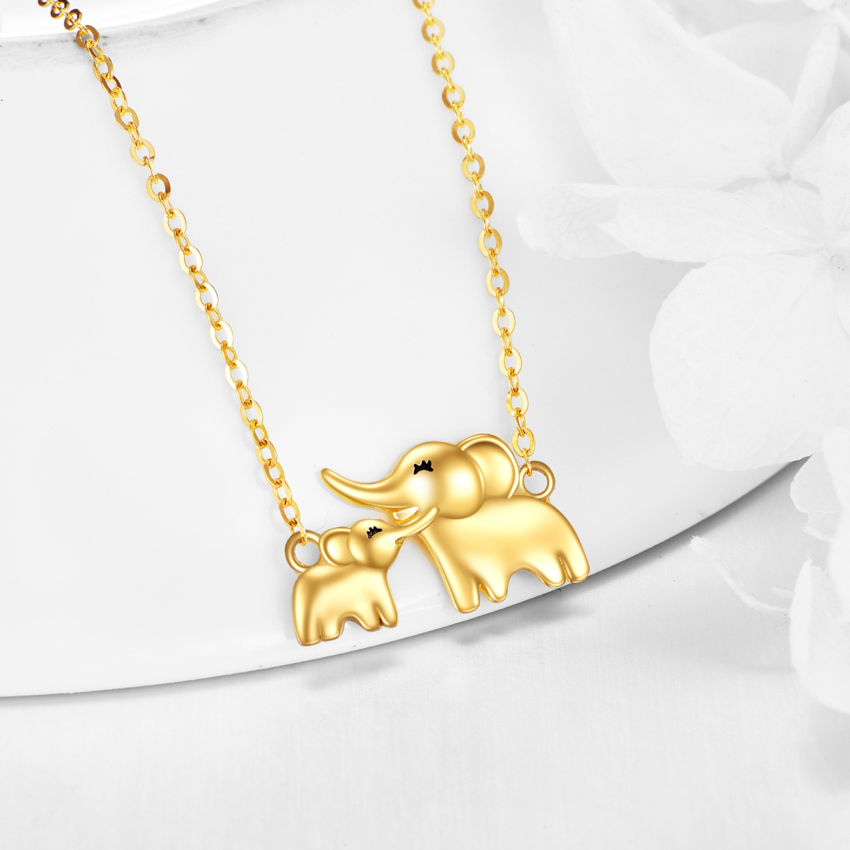 14K Solid Gold Elephant Mother & Daughter Necklace Jewelry Gift For Her-3