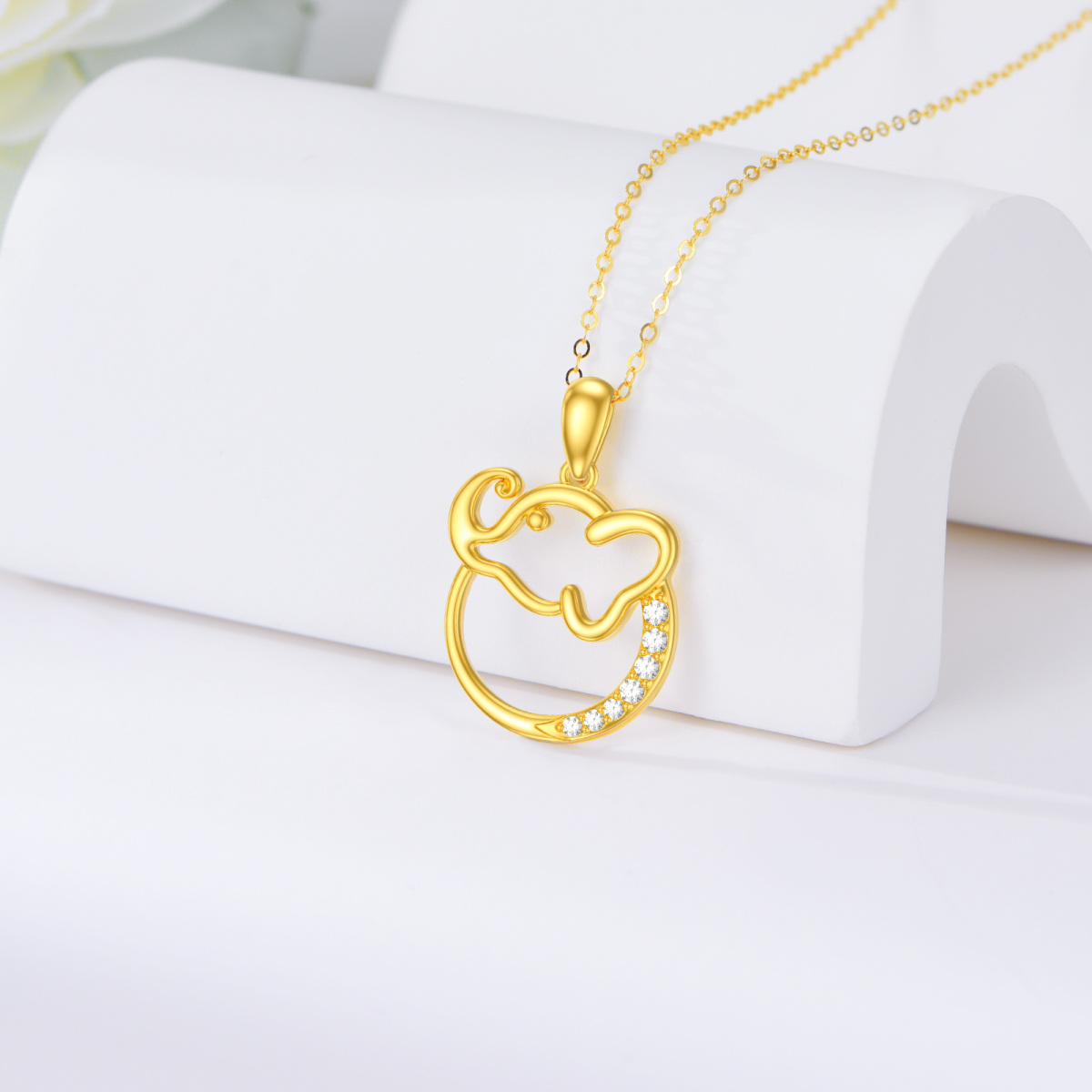 14K Gold Cubic Zirconia Elephant Pendant Necklace-4