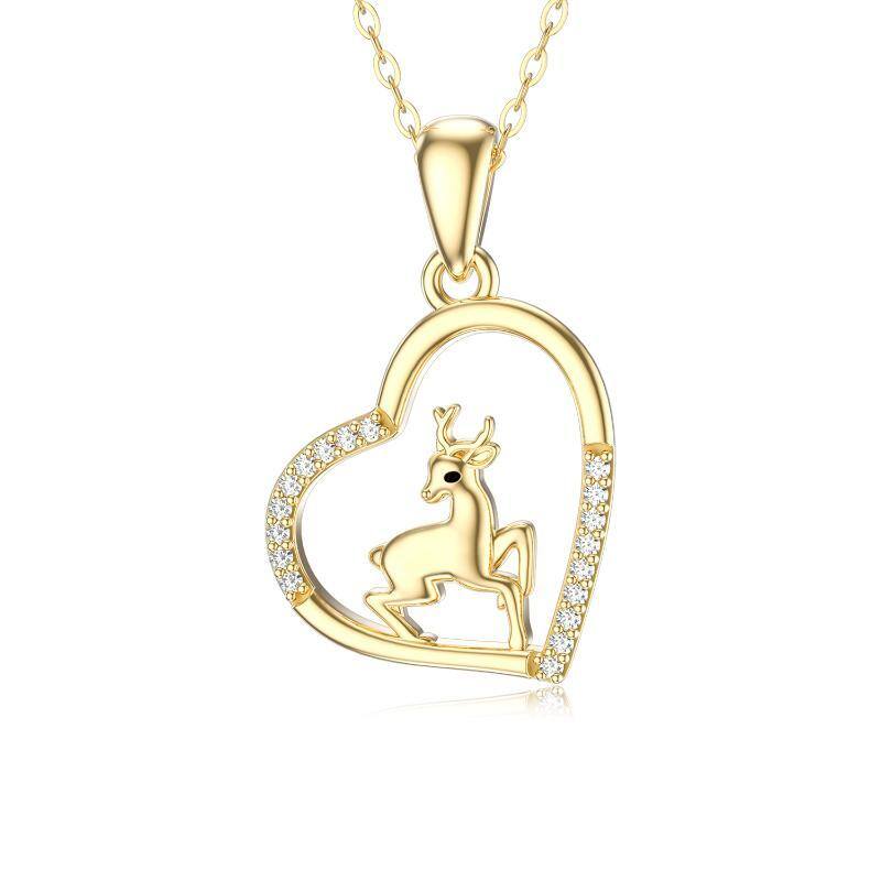 10K Gold Cubic Zirconia Elk & Heart Pendant Necklace-1