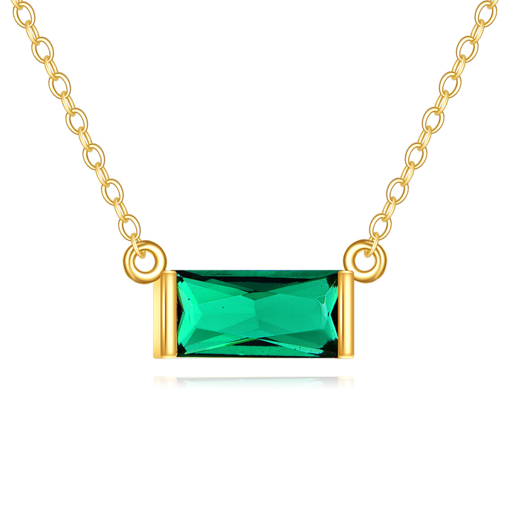 10K Gold Emerald Cubic Zirconia Baguette Pendant Necklace-1