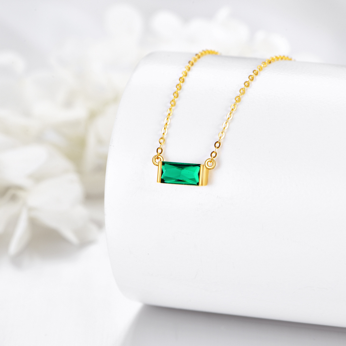 14K Gold Emerald Cubic Zirconia Baguette Pendant Necklace-3