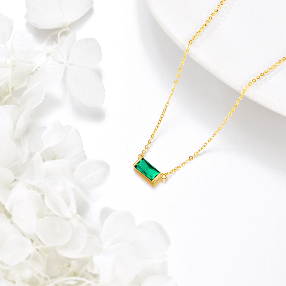 10K Gold Emerald Cubic Zirconia Baguette Pendant Necklace-4