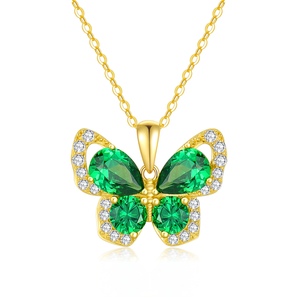 10K Gold Emerald Cubic Zirconia Butterfly Pendant Necklace-1