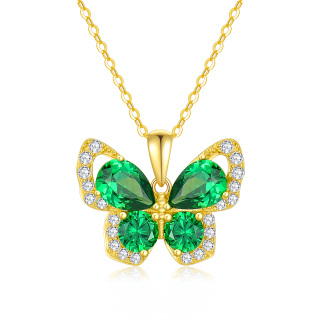 10K Gold Emerald Cubic Zirconia Butterfly Pendant Necklace-16