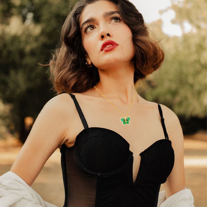 10K Gold Emerald Cubic Zirconia Butterfly Pendant Necklace-2