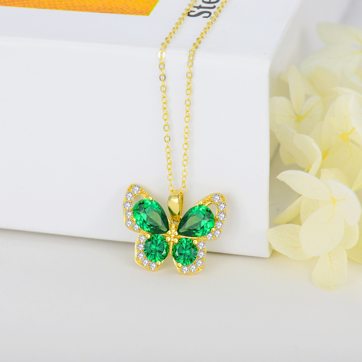 14K Gold Emerald Cubic Zirconia Butterfly Pendant Necklace-3