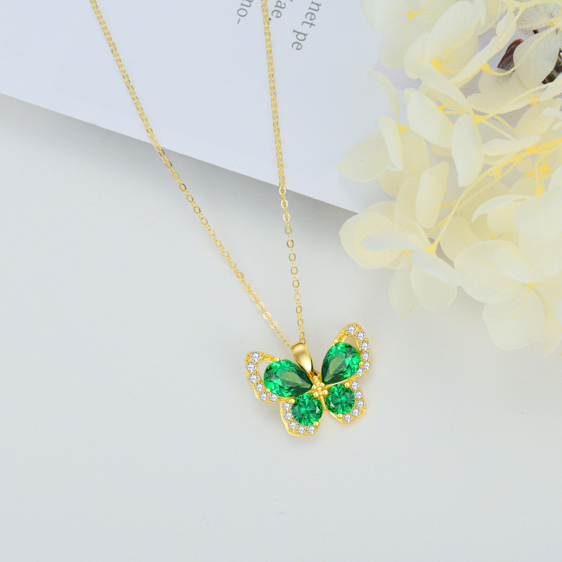 10K Gold Emerald Cubic Zirconia Butterfly Pendant Necklace-4