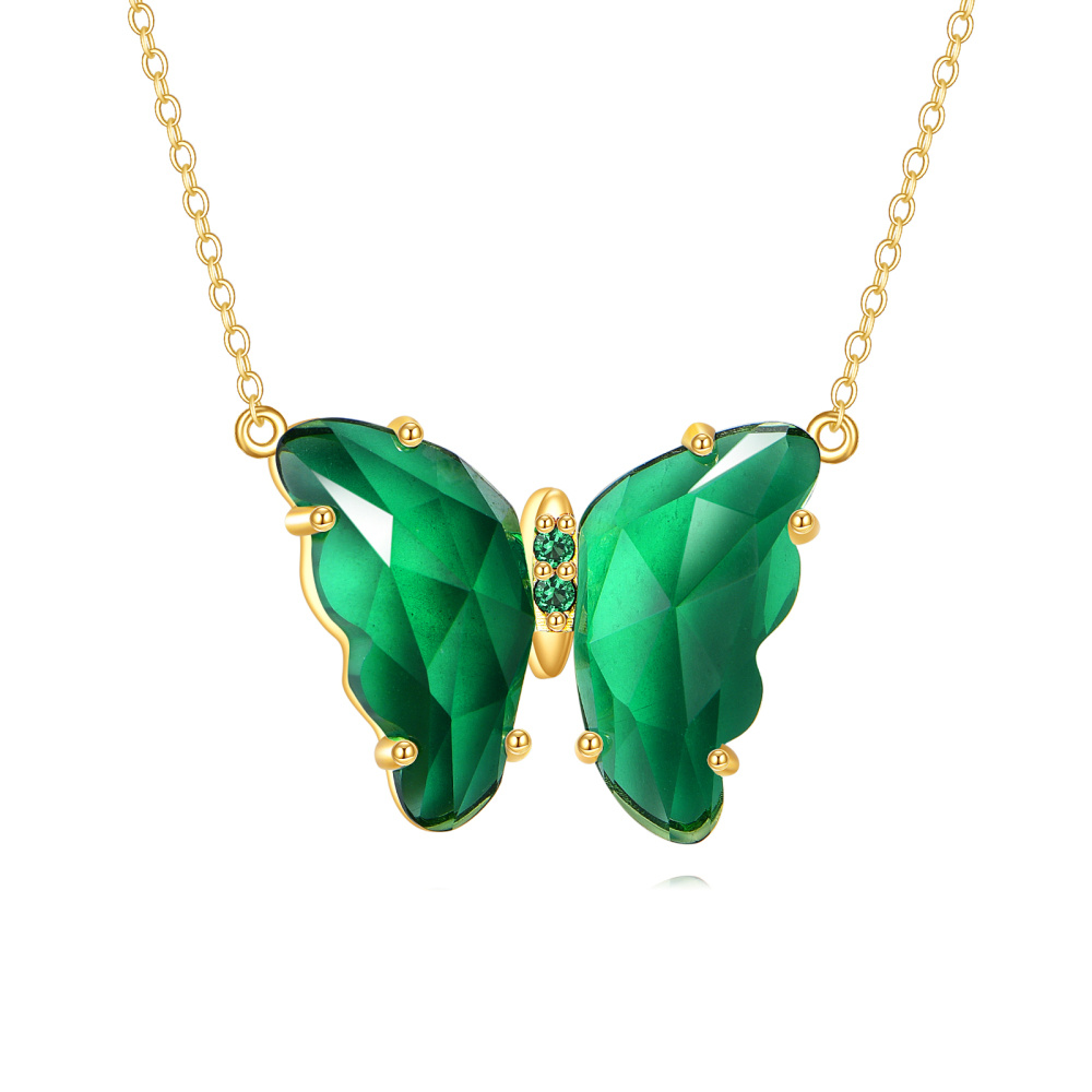 10K Gold Smaragd Cubic Zirkonia Schmetterling Anhänger Halskette-1