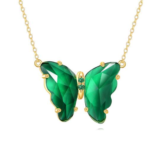 10K Gold Emerald Cubic Zirconia Butterfly Pendant Necklace