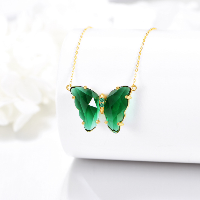 14K Gold Emerald Cubic Zirconia Butterfly Pendant Necklace-3