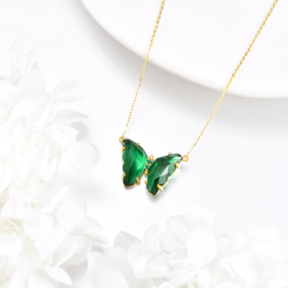 10K Gold Smaragd Cubic Zirkonia Schmetterling Anhänger Halskette-4