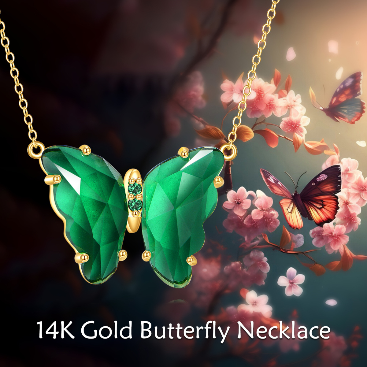 14K Gold Emerald Cubic Zirconia Butterfly Pendant Necklace-6