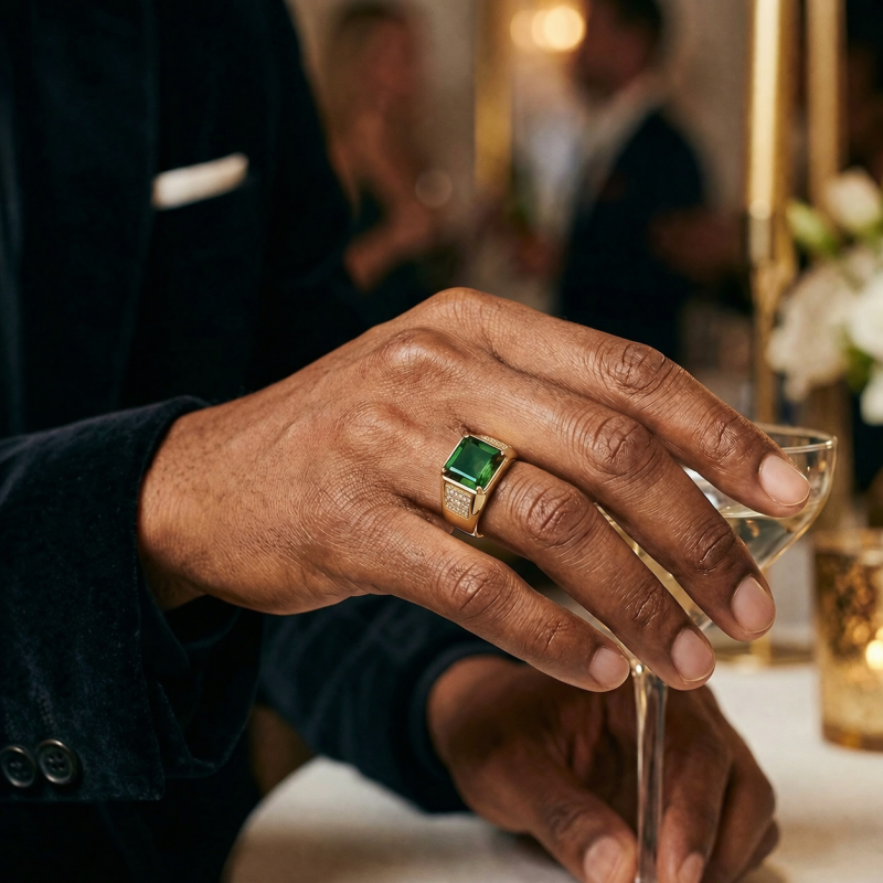 Bague pour homme en or 14K avec émeraude taillée en émeraude artificielle pour hommes-2
