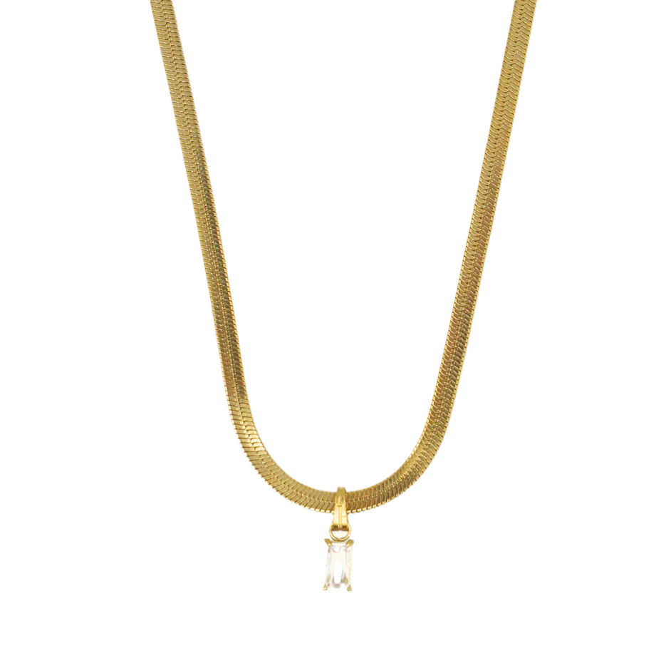 14K Gold Emerald Cut Gemstone Herringbone Necklace-1