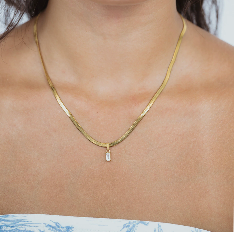14K Gold Emerald Cut Gemstone Herringbone Necklace-2