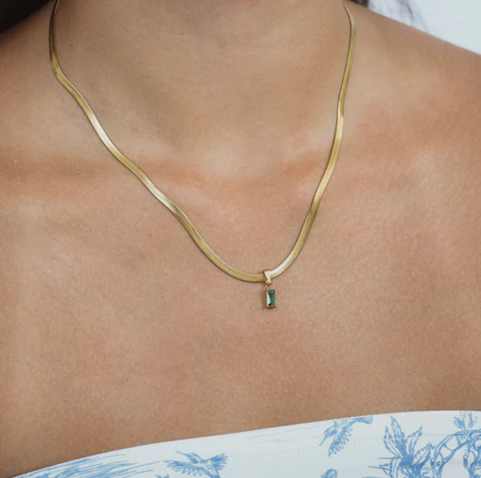 14K Gold Emerald Cut Gemstone Herringbone Necklace-3