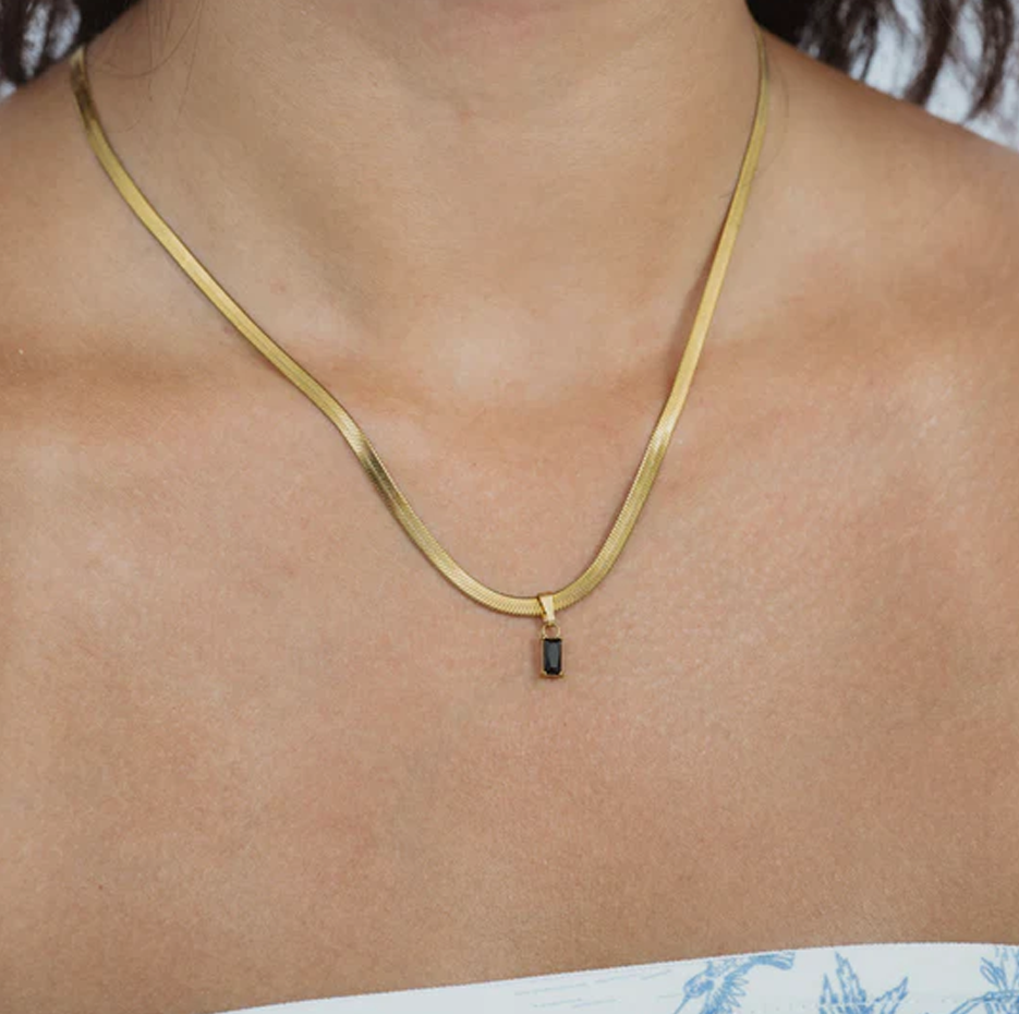 14K Gold Emerald Cut Gemstone Herringbone Necklace-4