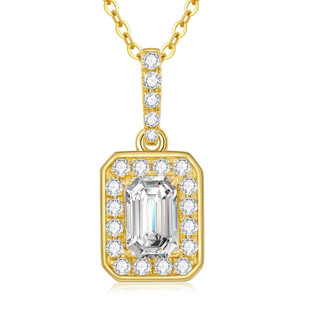 10K Gold Emerald Cut Cubic Zirconia Pendant Necklace-1