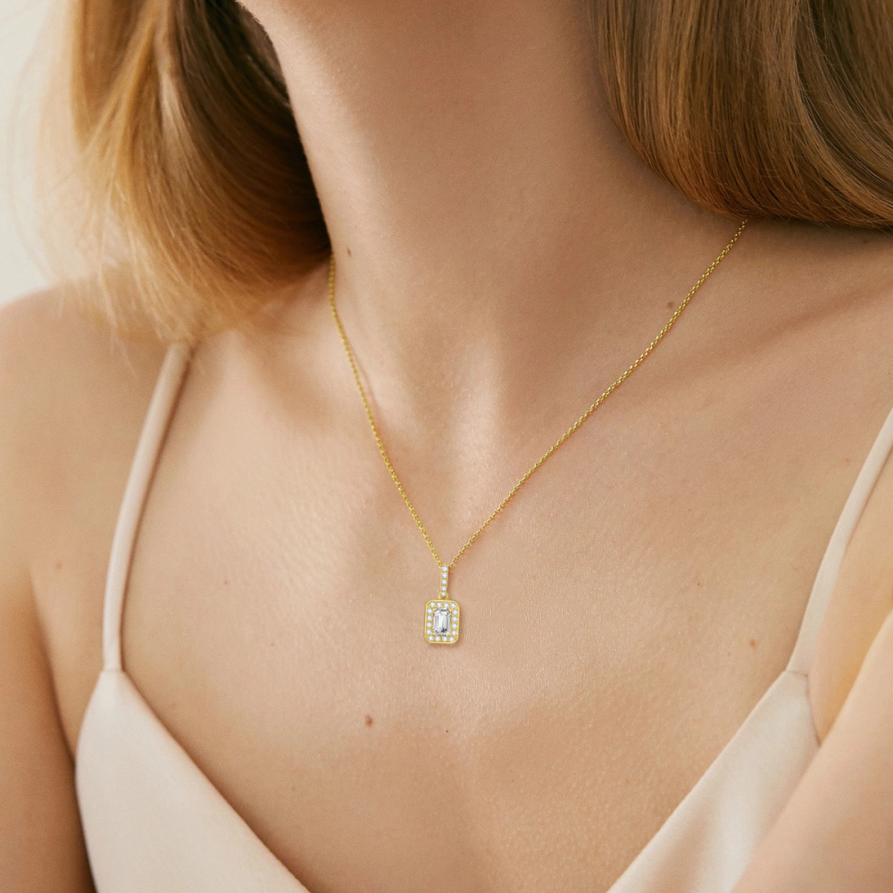 10K Gold Emerald Cut Cubic Zirconia Pendant Necklace-2
