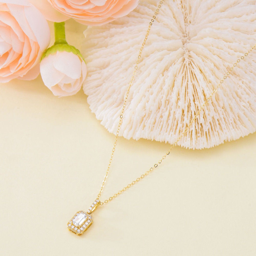 10K Gold Emerald Cut Cubic Zirconia Pendant Necklace-4