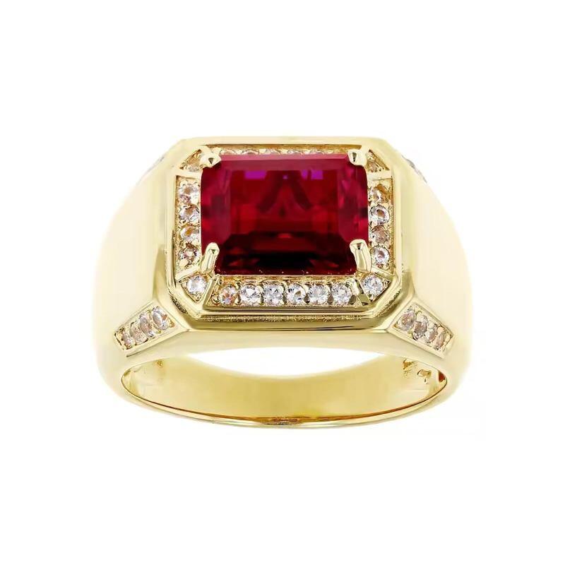 Anillo para hombre de oro 14K con rubí talla esmeralda, ideal para hombres-3