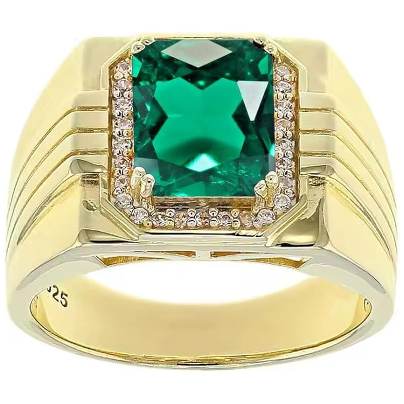 14K Gold Emerald with Diamonds Halo Emerald Cut Custom Engagement Ring for Men-1