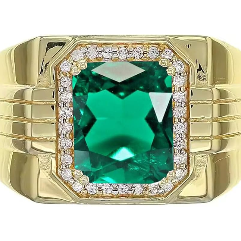 14K Gold Emerald with Diamonds Halo Emerald Cut Custom Engagement Ring for Men-2