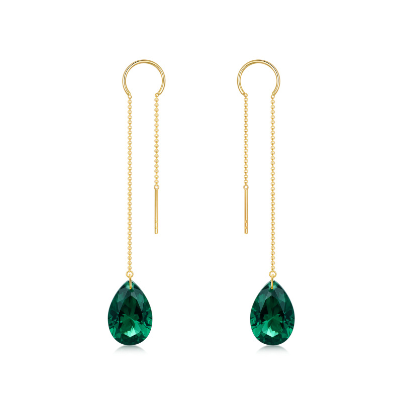 10K Gold Artificial Emerald Drop Shape Drop Earrings-1