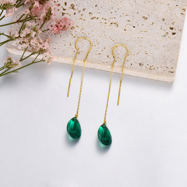 10K Gold Artificial Emerald Drop Shape Drop Earrings-3