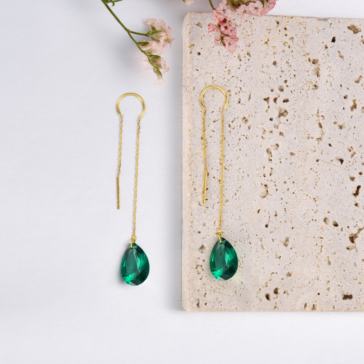 10K Gold Artificial Emerald Drop Shape Drop Earrings-4