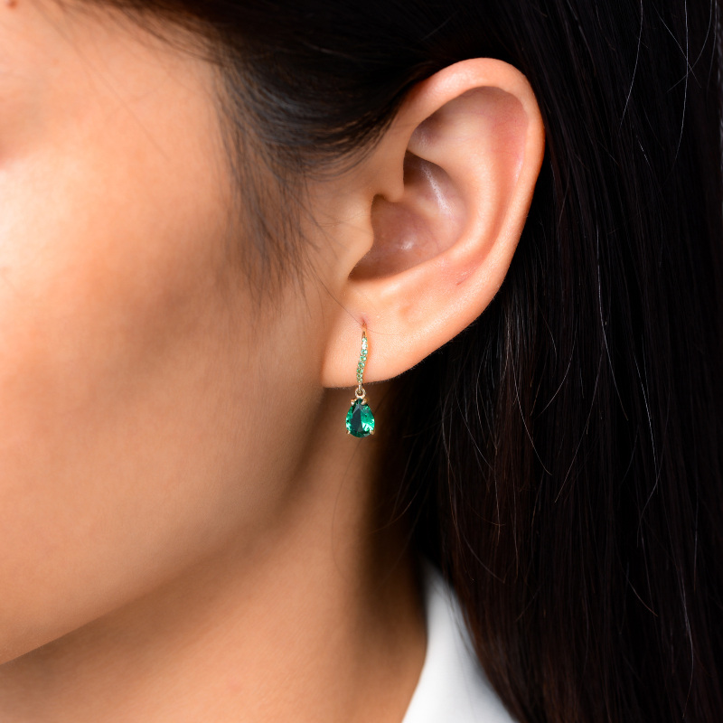 أقراط متدلية من الذهب عيار 10 قيراط مرصعة بالزمرد والزركونيا المكعبة للنساء-2