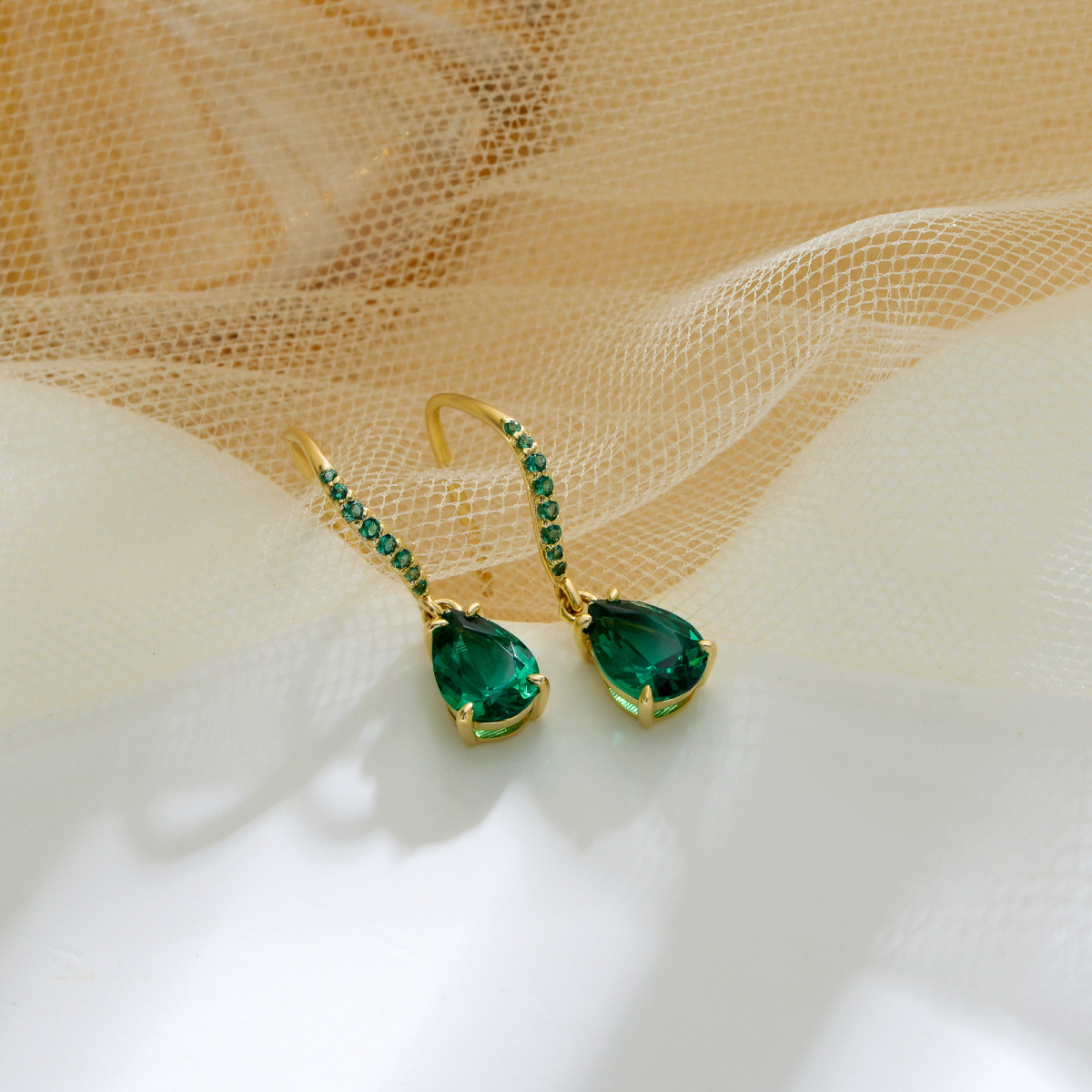 14K Gold Emerald Drop Shape Drop Earrings-3